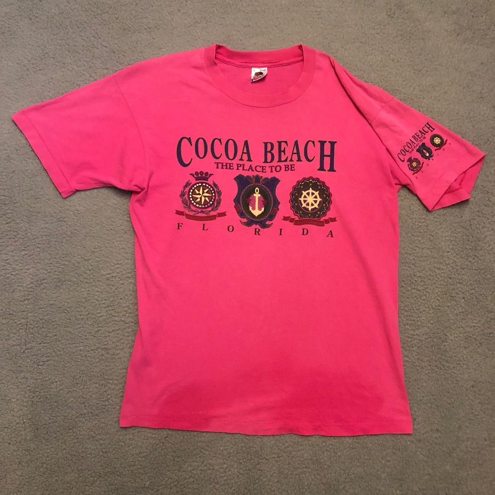 Single Stitch Vtg 90s Cocoa Beach Florida T Shirt Fruit of the Loom Pink L XL